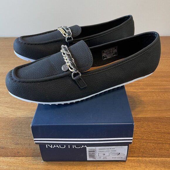 NIB, Nautica Women's size 9 Black Sommerland Casual Slip-on Loafers Chain Detail - Picture 1 of 11